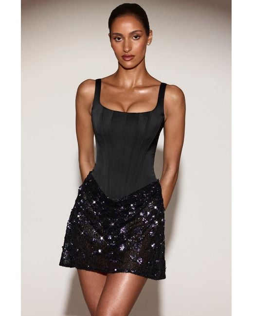 Oh Polly Black Satin Corset Embellished Skirt Mini Dress