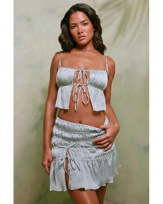 Oh Polly Green Shirred Tie Up Front Crop Top