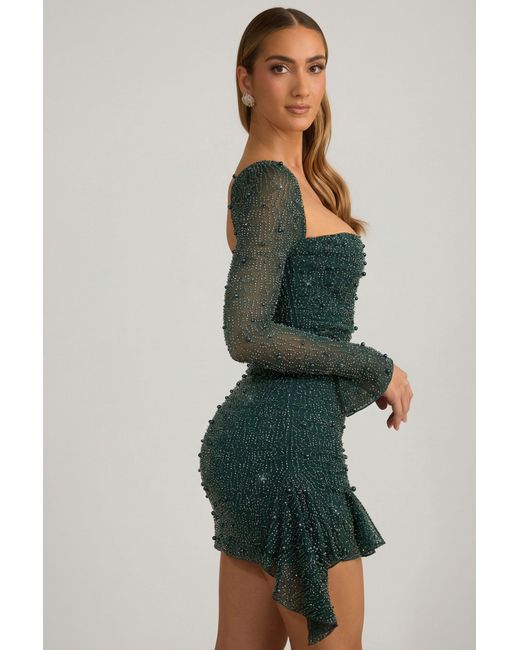 Oh Polly Green Embellished Cowl-Neck Draped Mini Dress