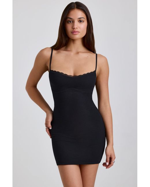 Oh Polly Black Ribbed Modal Lace-Trim Mini Dress