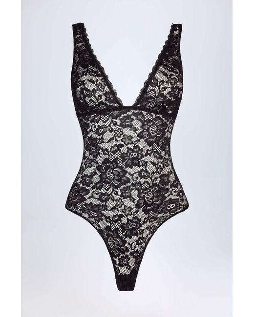 Oh Polly Black Sheer Lace Scalloped Plunge-Neck Bodysuit