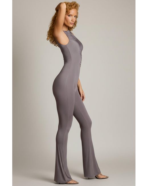 Oh Polly Natural Asymmetric Ruched Flared Jumpsuit