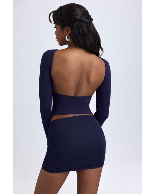 Oh Polly Blue Modal High Neck Long Sleeve Open Back Top