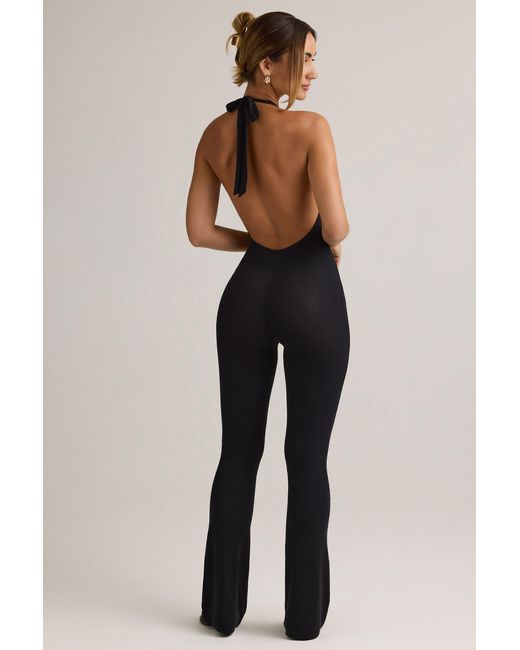 Oh Polly Black Modal Ribbed Backless Halterneck Jumpsuit