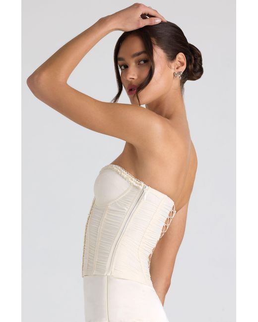 Oh Polly White Ruched Lace-Up Strapless Corset Top