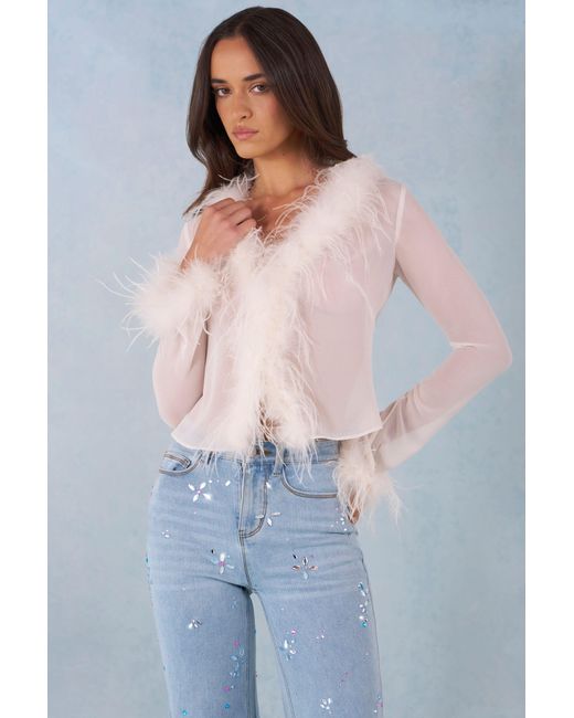 Oh Polly White Feather Trim Sheer Top