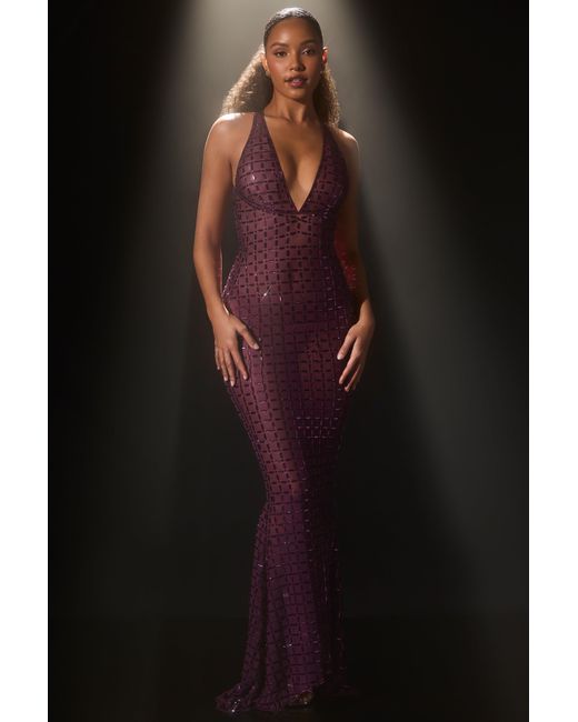 Oh Polly Purple Embellished Semi-Sheer Halterneck Gown