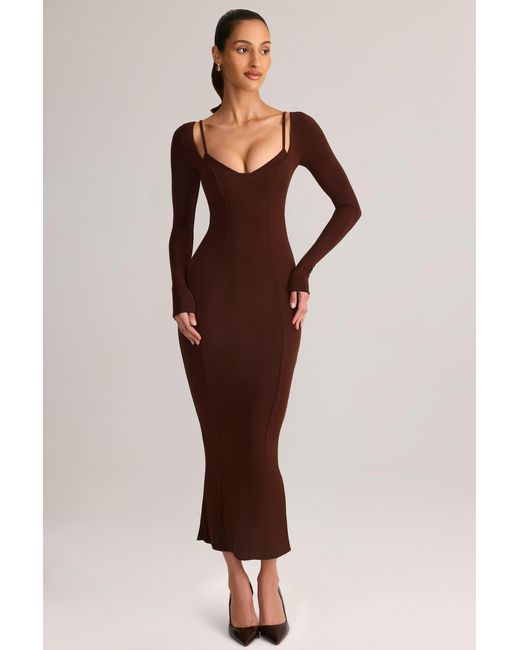 Oh Polly Brown Modal Peekaboo Long-Sleeve Midi Dress