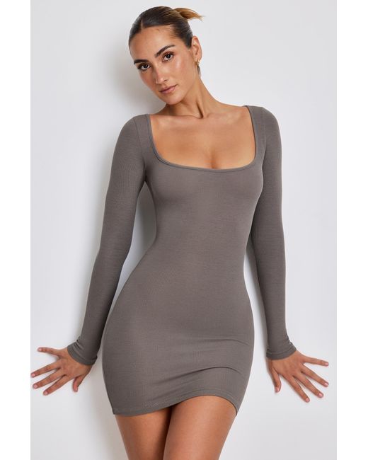 Oh Polly Gray Ribbed Modal Long Sleeve Mini Dress