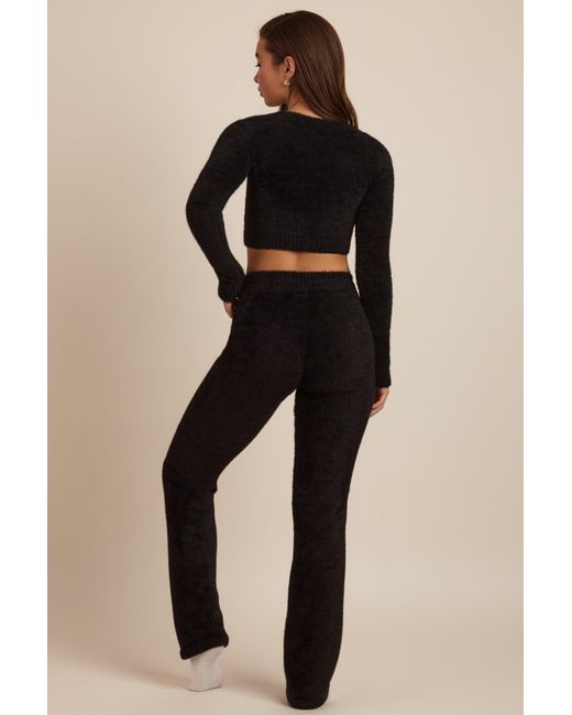 Oh Polly Black Fluffy Knit Wide-Leg Trousers