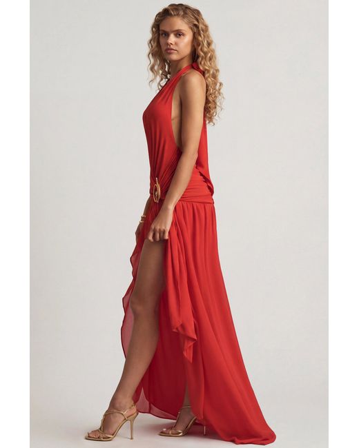 Oh Polly Red Asymmetric Halterneck Maxi Dress