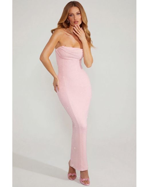Oh Polly Pink Embellished Bandeau Cowl Neck Maxi Dress
