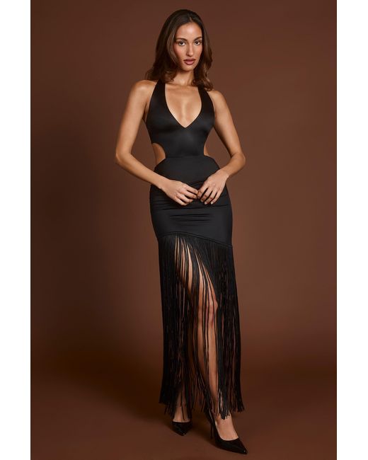 Oh Polly Black Fringed Plunge-Neck Maxi Dress