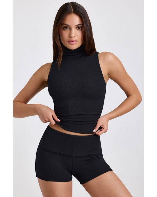 Oh Polly Black Modal Ribbed Mid-Rise Foldover Shorts