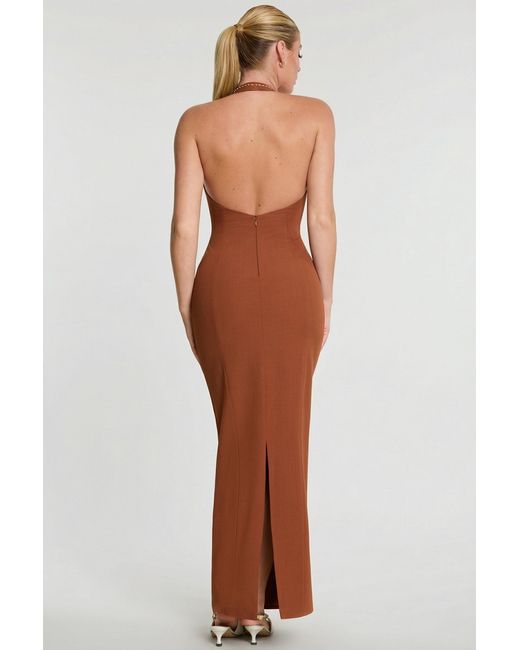 Oh Polly Brown Woven Twill Halter Neck Plunge Maxi Dress