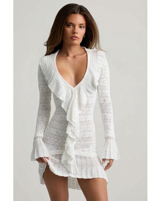Oh Polly White Ruffle-Trim Pointelle-Knit Mini Dress