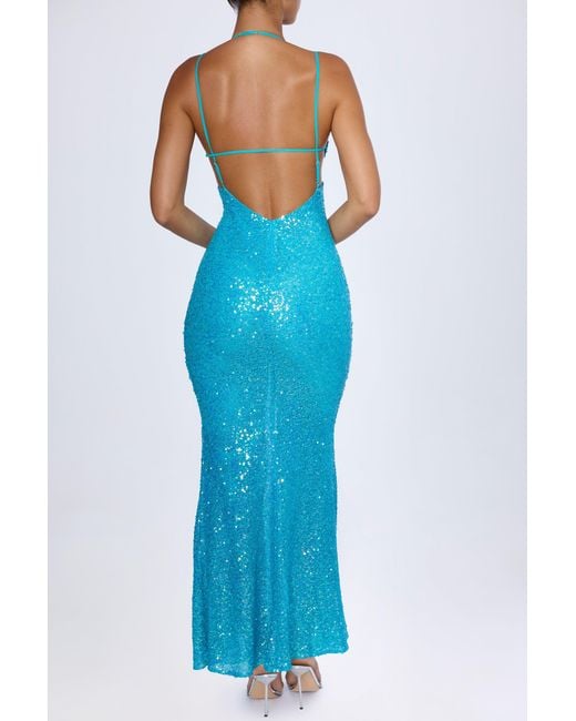 Oh Polly Blue Embellished Cut-Out Halterneck Maxi Dress