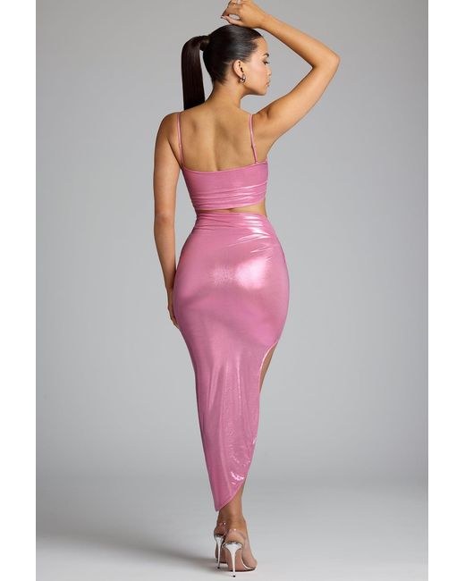 Oh Polly Pink Draped Metallic Jersey Maxi Dress