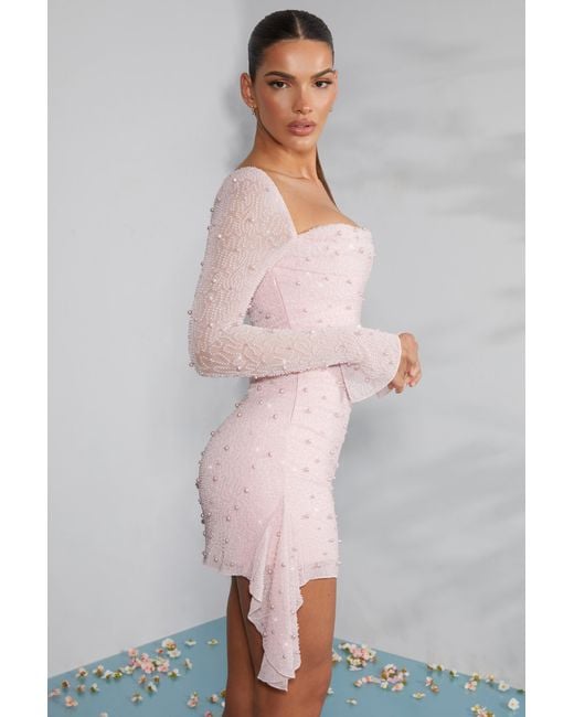 Oh Polly Pink Long Sleeve Embellished Cowl Neck Mini Dress