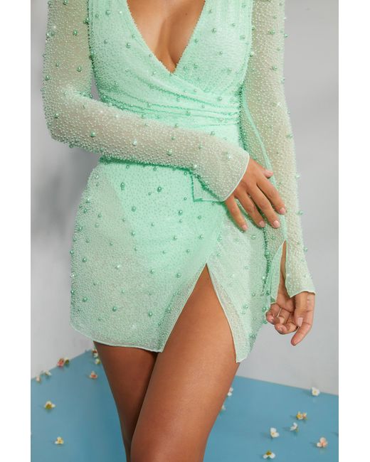 Oh Polly Green Embellished Wrap Over A-Line Mini Dress