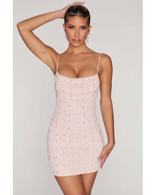 Oh Polly Blue Embellished Cowl Neck Mini Dress