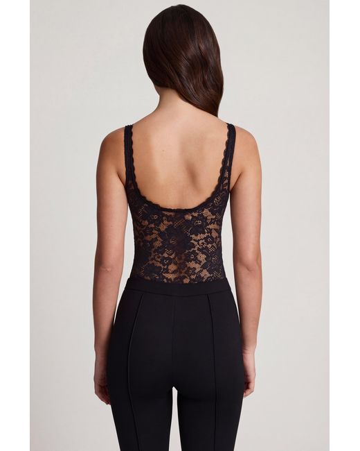 Oh Polly Black Sheer Lace Scalloped Plunge-Neck Bodysuit