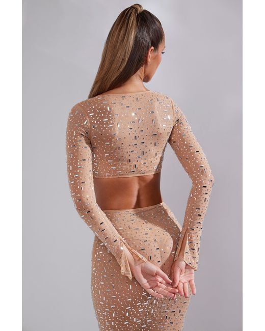 Oh Polly Natural Sheer Embellished Long Sleeve Crop Top