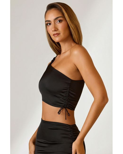 Oh Polly Black Ruched Asymmetric Crop Top