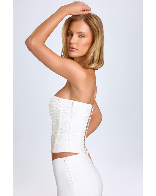 Oh Polly White Ruched Lace-Up Corset Top