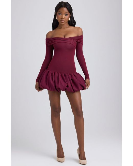 Oh Polly Red Modal Off-Shoulder Bubble Hem Mini Dress