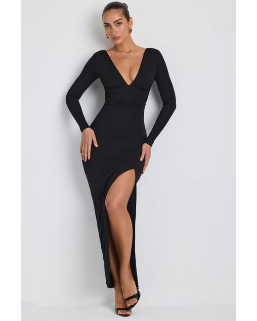 Oh Polly Black Modal Plunge Neck Long Sleeve Maxi Dress