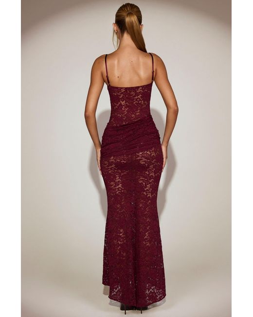 Oh Polly Red Sheer Lace Square-Neck Ruched Gown