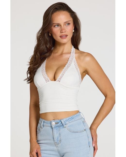 Oh Polly White Modal Lace-Trim Halterneck Top