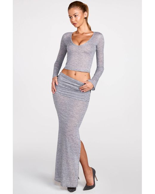 Oh Polly Gray Sheer Jersey Plunge Long-Sleeve Top