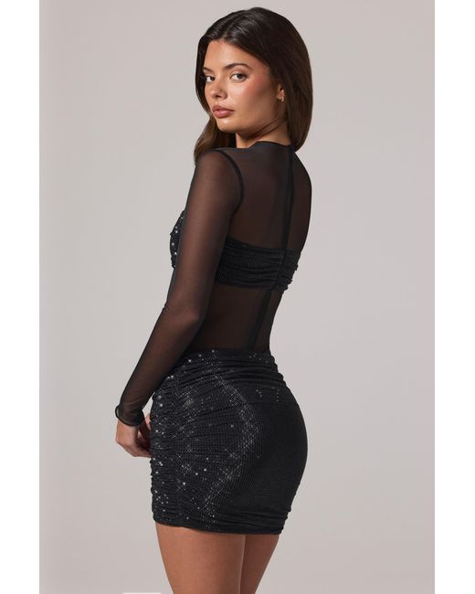 Oh Polly Black Sheer Embellished High-Neck Long Sleeve Mini Dress
