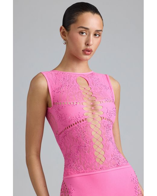 Oh Polly Pink Embellished Lace-Up High-Neck Top