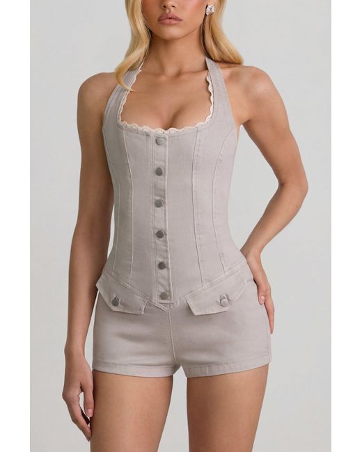 Oh Polly Natural Button-Down Halterneck Playsuit