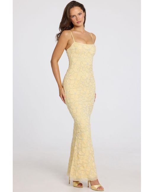 Oh Polly Yellow Embellished Square-Neck Maxi Dress