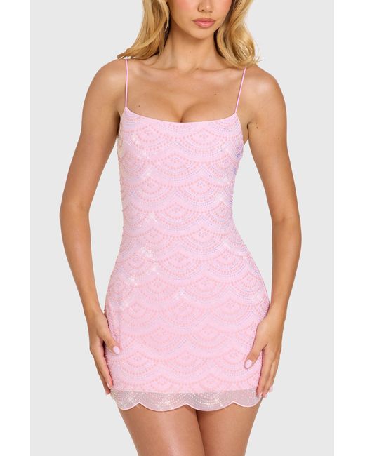 Oh Polly Pink Embellished Square-Neck Mini Dress