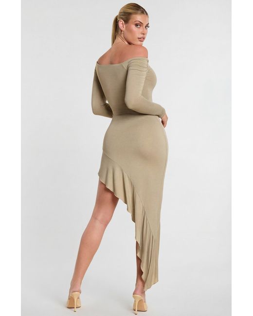 Oh Polly Natural Long Sleeve Off-The-Shoulder Modal Cashmere Blend Maxi Dress