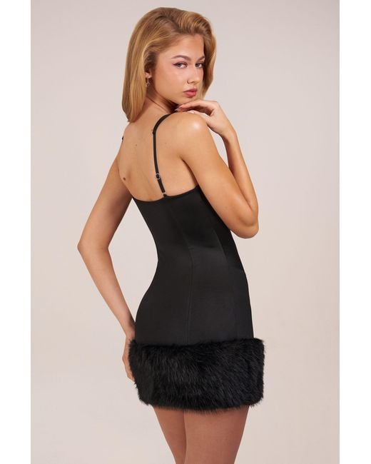 Oh Polly Black Satin Square-Neck Corset Faux-Fur Mini Dress