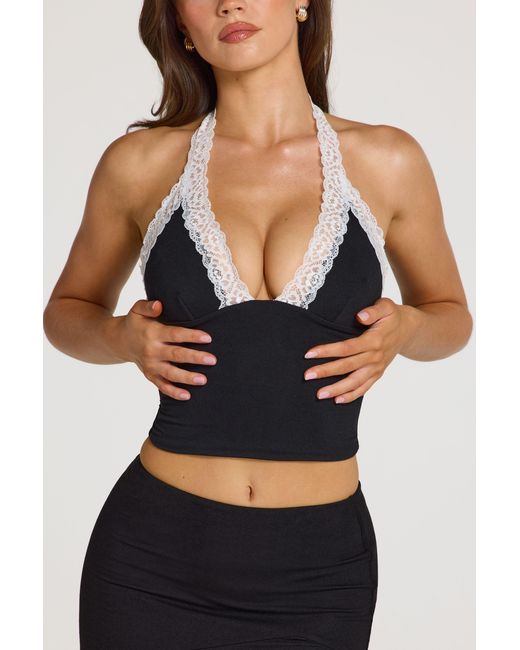 Oh Polly Black Modal Lace-Trim Halterneck Top