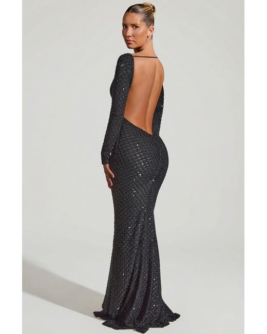 Oh Polly Black Embellished Open-Back Gown