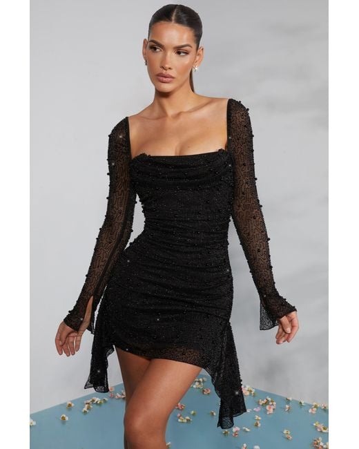 Oh Polly Black Long Sleeve Embellished Cowl Neck Mini Dress