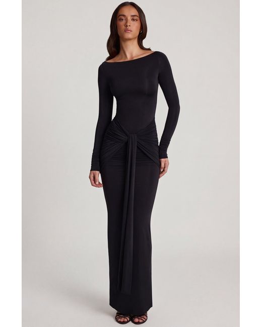 Oh Polly Black Soft Jersey Boat-Neck Tie-Gather Maxi Dress
