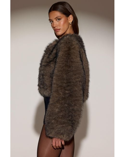 Oh Polly Brown Cropped Faux-Fur Jacket