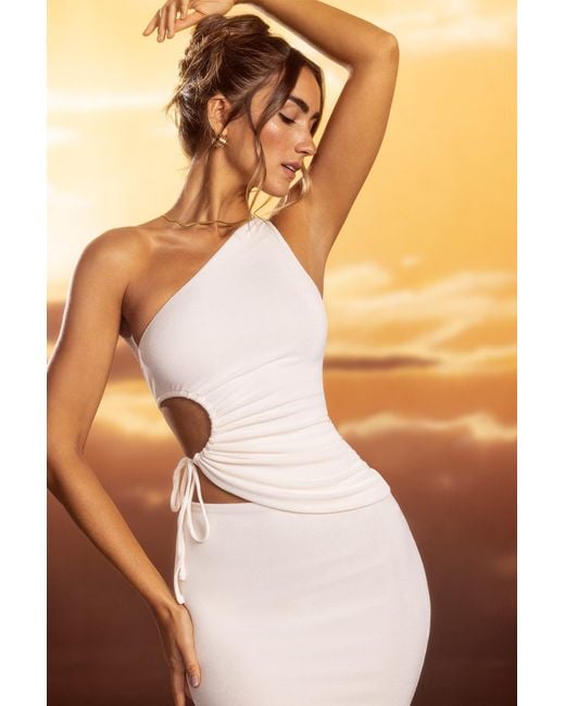 Oh Polly White Textured Jersey Ruched Cut-Out One Shoulder Top