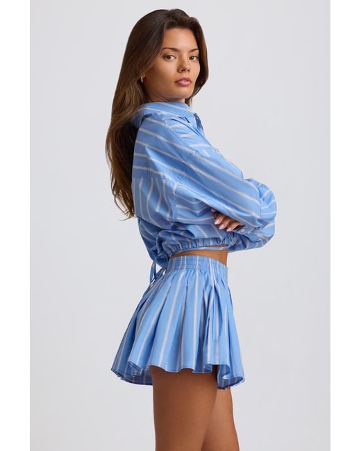 BO+TEE Blue Cotton Poplin Stripe Pleated Shorts