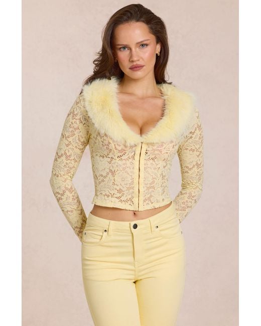 Oh Polly Yellow Lace Faux-Fur-Trim Cardigan