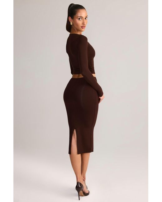 Oh Polly Brown Modal Mid-Rise Pencil Midi Skirt